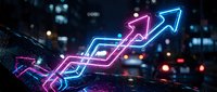Glowing neon arrows pointing upward in vibrant pink and blue colors against dark urban night background representing growth, success and progress.