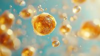 Golden liquid spheres floating in turquoise space with light reflections and bokeh effects create dreamy abstract composition for cosmetic and wellness designs.