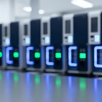 Modern data center server room with blurred server racks and glowing green LED status lights in professional technology facility for cloud computing.