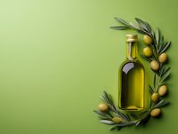 Glass bottle of extra virgin olive oil decorated with fresh olive branch and green olives on green background with copy space for text.
