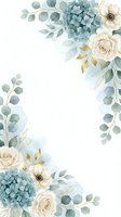 Watercolor floral frame with dusty blue hydrangeas, cream roses and eucalyptus leaves on white background for wedding invitations and greeting cards.