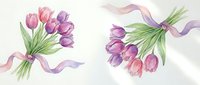 Pink and purple tulip bouquets with flowing ribbons on white background. Watercolor spring flowers for wedding invitations, greeting cards and romantic designs.