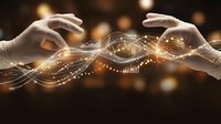 Two hands reaching toward each other with glowing digital energy waves and light particles flowing between them on dark background.