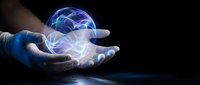 Hands holding glowing blue energy sphere with electric plasma effect on dark background, representing innovation, technology, and power.