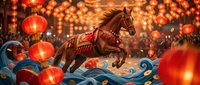 Majestic brown horse leaping through stylized waves under glowing red lanterns creating magical festive atmosphere for celebration designs.