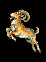 Ornate golden ram with curved horns leaping in mid-air, featuring intricate decorative patterns and colorful floral details. Isolated on transparent background, ready for t-shirts, clipart, stickers, sublimation, and print-on-demand designs.