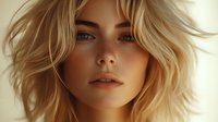 Young blonde woman with natural makeup and windswept hair against warm beige background, soft lighting creates dreamy atmospheric portrait highlighting freckles and glowing skin.
