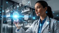Female doctor using futuristic holographic medical interface with digital health data analytics and AI technology in modern healthcare setting.