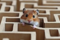 Curious hamster peeking out from cardboard maze structure, showing playful expression with bright eyes and tiny paws gripping edge. Perfect for pet care concepts.