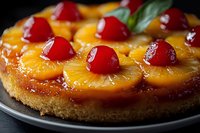 Upside-down cake with caramelized pineapple rings and maraschino cherries on top, served on a dark plate for dessert and bakery use.