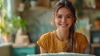 Young Caucasian woman in yellow polka dot top smiling warmly at camera. Natural daylight, cozy home interior with plants and soft bokeh background creates welcoming atmosphere.