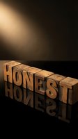 Wooden letterpress blocks spelling HONEST on reflective surface with dramatic lighting for business ethics and integrity concepts.