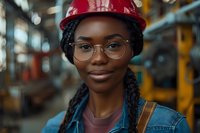 Young African American female engineer wearing red safety helmet and glasses in industrial setting. Professional portrait showcasing diversity in STEM workplace environment.