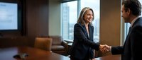 Professional businesswoman shaking hands with male colleague in modern office meeting room during corporate negotiation or partnership agreement.