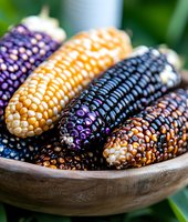 Colorful ornamental corn varieties in wooden bowl showing yellow, purple, and multicolored kernels with natural lighting and selective focus for harvest season.