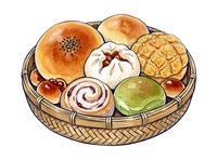 Woven basket filled with freshly baked bread rolls, pastries, garlic bulb, and green apple, isolated on white background for bakery, food service, and culinary design projects.