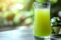 Fresh green juice in tall glass with condensation drops against blurred natural background, healthy detox drink served cold on wooden surface.