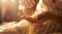 Hands cupping golden glitter particles falling in warm sunlight with magical bokeh effect creating dreamy atmosphere for wellness and spirituality concepts.