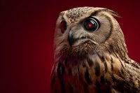 Majestic owl portrait with intense red eyes against deep burgundy background for wildlife photography and nature design projects.