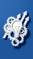 Light bulb with gears and upward arrows on blue background, representing innovation, business growth, and strategic planning for corporate and startup concepts.