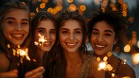 Diverse group of young women celebrating with sparklers at night, illuminated by warm bokeh lights creating magical festive atmosphere. For lifestyle and celebration content.