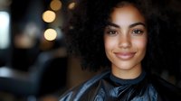 Young African American woman with natural curly hair smiling at camera against blurred bokeh background, portraying confidence and joy.