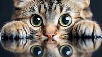 Curious tabby cat with striking green eyes peering over reflective surface, paws visible, creating mirror effect in dramatic close-up composition.