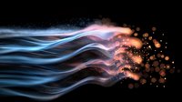 Glowing blue and orange energy waves with luminous particles flowing on black background, abstract light motion effect for modern design projects.