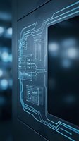 Glowing circuit board schematic displayed on dark digital screen with blue neon lines and tech interface elements for technology and innovation concepts.