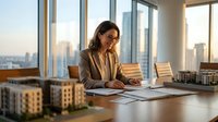 Young woman with dark hair and olive complexion, wearing business attire and eyeglasses, reviewing architectural models and blueprints at desk with city skyline view for real estate development projects.