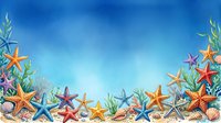 Colorful starfish and seashells scattered on sandy ocean floor with coral and seaweed creating tropical underwater marine border frame for summer designs.