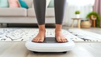 Woman standing on modern digital weight scale for body mass measurement at home, closeup view of bare feet on white bathroom scales on wooden floor.