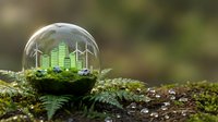Green city inside a glass globe on moss, featuring wind turbines, eco buildings, and electric cars symbolizing sustainable urban future.