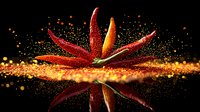 Red and orange tropical flower with golden glitter sparkles and reflection on black background, dramatic lighting creates magical atmosphere.