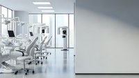 Modern dental office interior with white treatment chairs and equipment in bright clinical space for healthcare design and medical facility concepts.