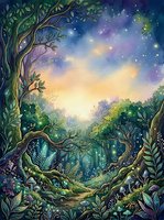 Enchanted forest clearing with ancient trees, glowing magical lights, and mystical atmosphere at twilight, perfect for fantasy art, book illustrations, and imaginative design projects.