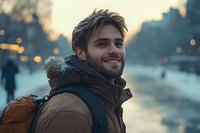 Young Caucasian man with beard wearing winter jacket smiles outdoors during sunset, city bokeh lights in background, lifestyle portrait capturing genuine happiness.