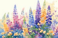 Colorful lupine flowers in watercolor style with purple, blue, pink and yellow blooms against soft background, creating dreamy garden scene.