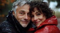 Mature couple enjoying winter weather outdoors, wearing warm coats while snow falls. Close-up portrait shows genuine happiness and connection between partners.