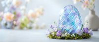 Iridescent Easter egg with blue and purple gradient surrounded by moss, small flowers, and decorative elements on white surface with blurred floral background.