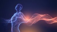Digital human figure emitting glowing energy waves in blue and orange hues, representing wellness, vitality, and life force for healthcare and medical technology concepts.