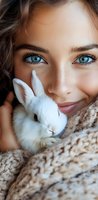 Young woman with striking blue eyes holding white bunny rabbit, wearing cozy knit sweater. Close-up portrait showing gentle smile and natural makeup look.