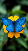 Vibrant blue butterfly with spread wings resting on bright yellow flower in natural garden setting with soft green foliage background.