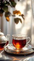 Steaming cup of red tea in glass mug on decorative saucer with teapot, autumn leaves casting shadows on white wall, warm sunlight creating cozy atmosphere for beverage and wellness content.