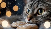 Adorable tabby kitten with striking green eyes enjoying gingerbread cookie during festive holiday season with warm bokeh lights and magical snowfall atmosphere.