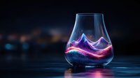 Glowing neon waves flow inside glass vessel on dark background, creating mystical aurora effect with pink and purple colors in transparent container on reflective surface.