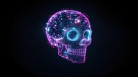 Glowing neon skull with digital particle effects in pink and blue colors against dark background, featuring network connections and cyberpunk aesthetic.