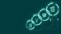 Glowing digital business growth concept with lightbulb, gears and upward arrows on dark teal background for corporate presentations and strategy materials.