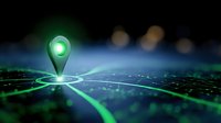 Glowing green GPS location pin marker on digital map with network connections and bokeh lights background for navigation technology concepts.