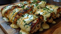 Grilled chicken rolls stuffed with herbs and cheese, drizzled with creamy sauce on wooden board. Gourmet poultry dish for restaurant menu and cooking content.